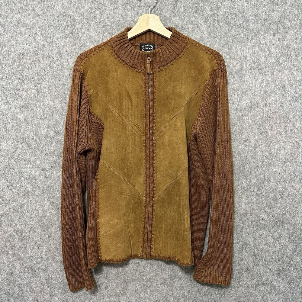 Designers Studio Originals Leather Front Sweater‎ Jacket Men's L Brown